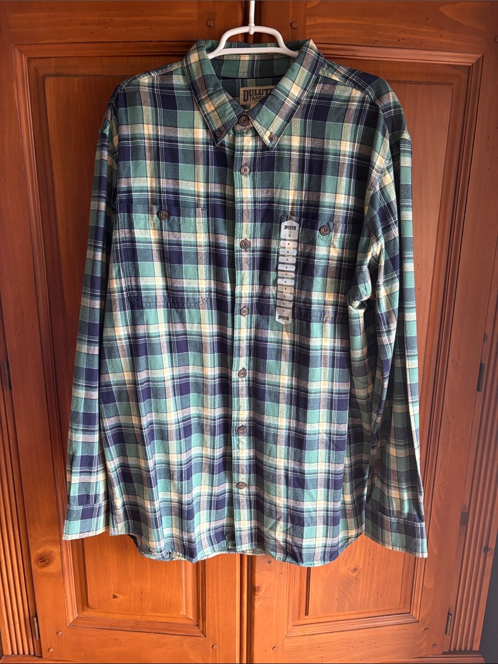 Duluth Trading Co Blue and Green Plaid Button-Down Shirt